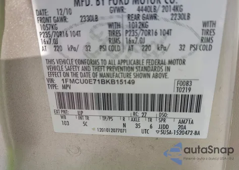 2011 Ford Escape Limited из США, поврежденный, VIN 1FMCU0E71BKB15149